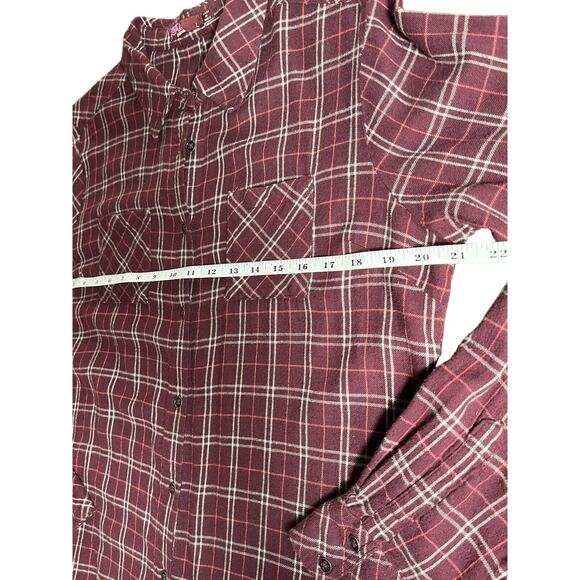 Women's PrAna Button Up Shirt Sz L Burgundy Plaid Lightweight Pockets - Picture 8 of 11